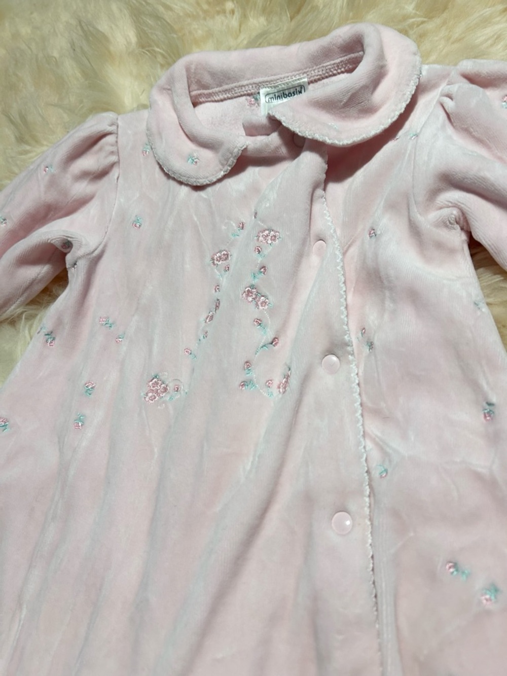 Vintage Minibasix Soft Pink Floral Baby One-Piece Footed Jumpsuit embroidered - Picture 2 of 4